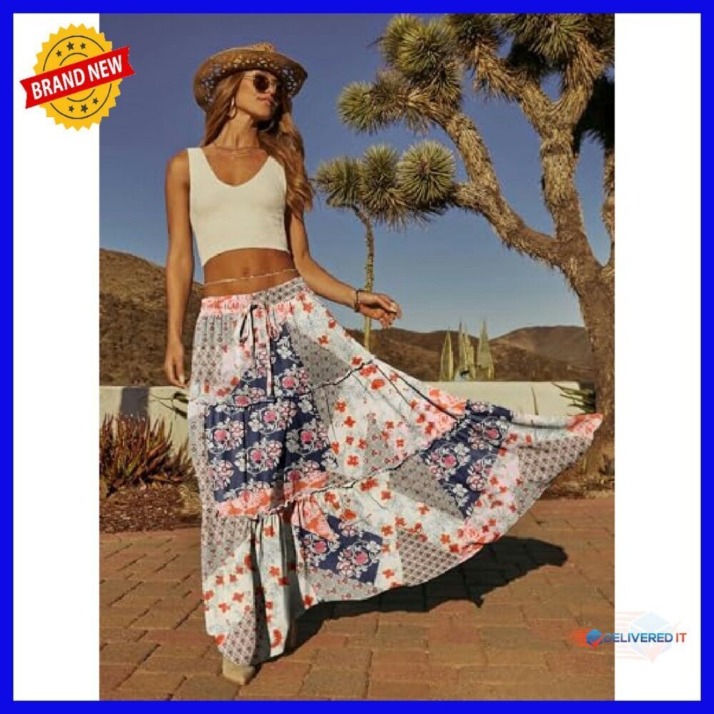 High Waist Maxi Skirt with Pockets, Polyester, Flowy Festival Wear - Picture 4 of 7